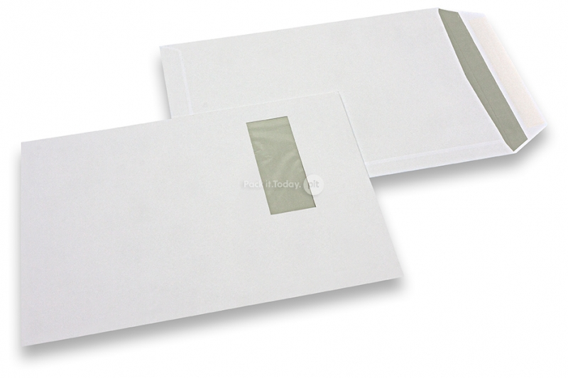 Sobres con ventana, blancos, 229 x 324 mm (C4), ventana a la izquierda 40 x 110 mm, posición de la ventana a 20 mm desde izquierda y 60 mm del parte superior, cierre engomado, 120 gramos, peso aprox. cada uno 20 g
