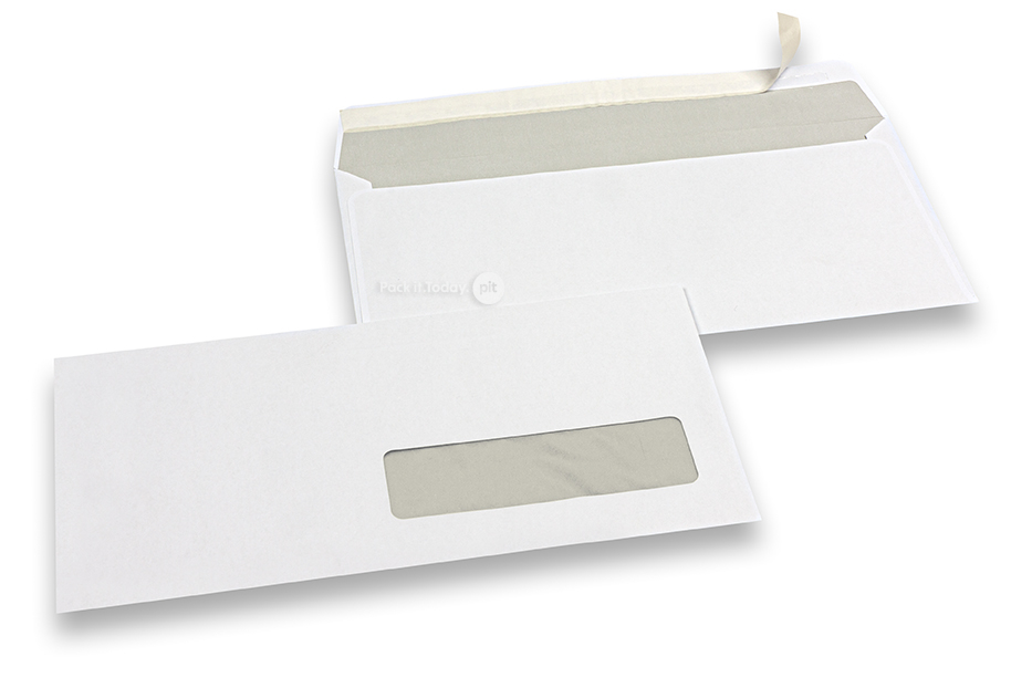 Sobres con ventana, blancos, 110 x 220 mm (EA5/6), ventana a la derecha 30 x 100 mm, posición de la ventana a 15 mm desde derecha y 20 mm del extremo inferior, cirerre autoadhesivo, 80 gramos
