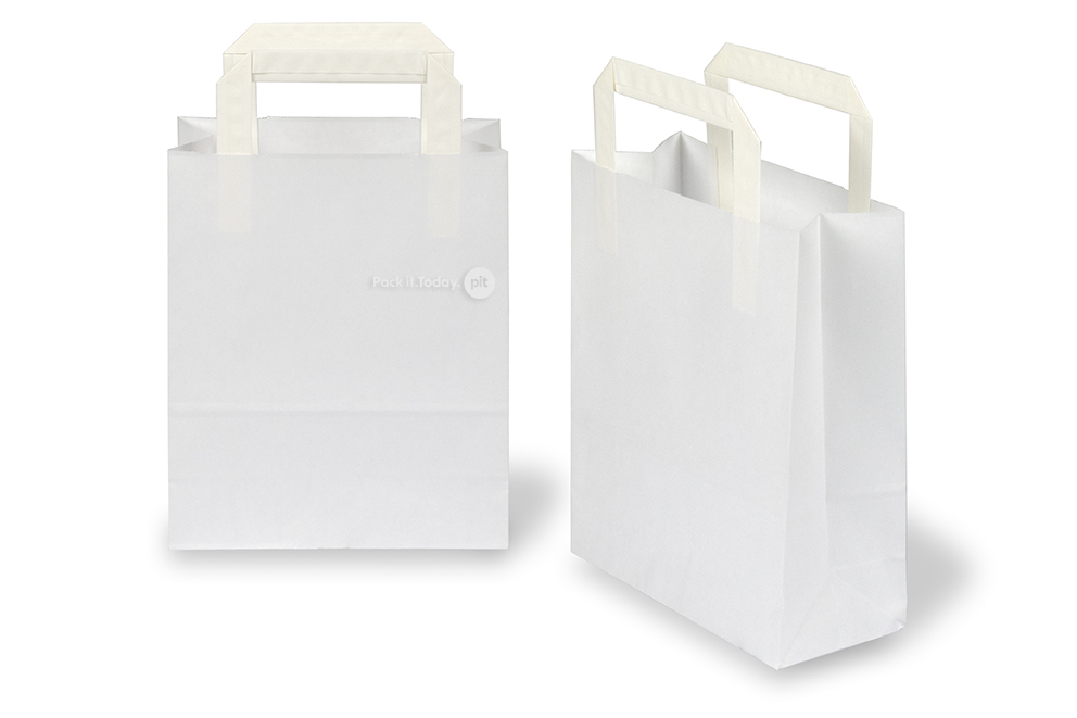 Bolsas de papel con asas planas - blanco, 180 x 80 x 220 mm