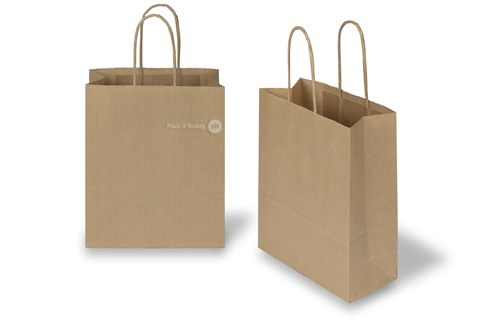 Bolsas de papel con asas redondas - marrón acanalado, 180 x 80 x 220 mm, 90 gramos