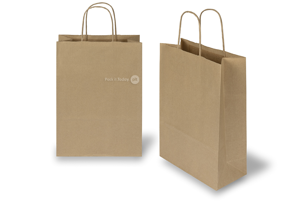 Bolsas de papel con asas redondas - marrón acanalado, 220 x 100 x 310 mm, 90 gramos