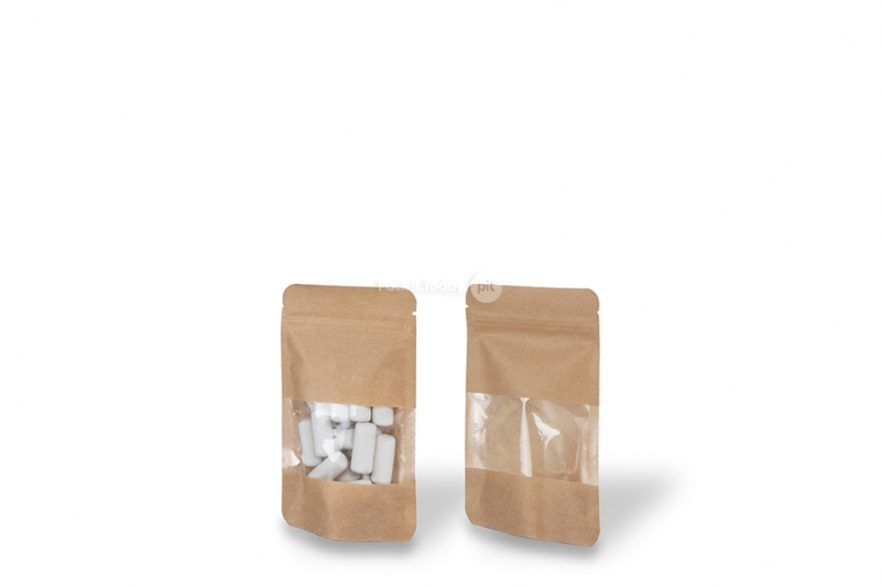 Bolsa kraft con cierre zip y ventana - marron, 85 x 145 x 50 mm, 100 ml