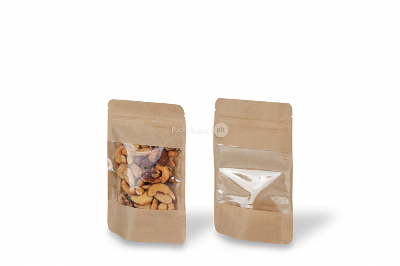 Bolsas stand up kraft con ventana grande - 110 x 185 x 70 mm, 250 ml