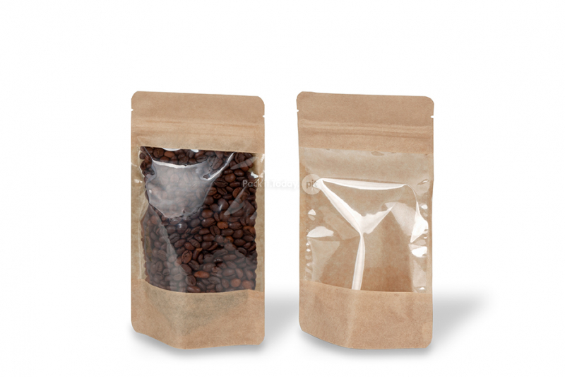 Bolsas stand up kraft con ventana grande - 130 x 225 x 70 mm, 500 ml