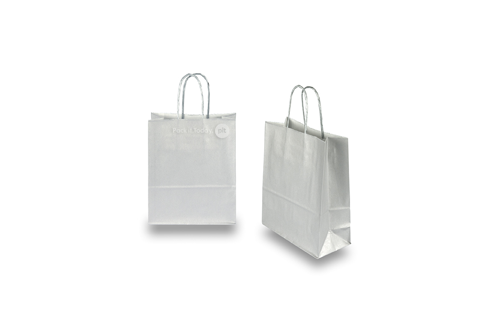 Bolsas de papel con asas redondas - plata, 180 x 80 x 220 mm, 90 gramos