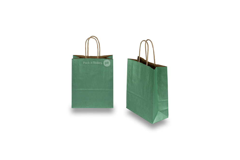Bolsas de papel con asas redondas - verde oscuro metalizado, 180 x 80 x 220 mm, 90 gramos
