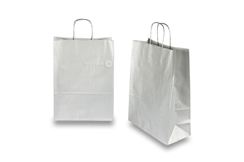 Bolsas de papel con asas redondas - plata, 260 x 120 x 350 mm, 90 gramos