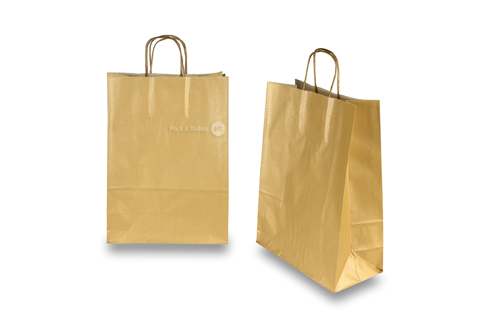 Bolsas de papel con asas redondas - dorado, 260 x 120 x 350 mm, 90 gramos