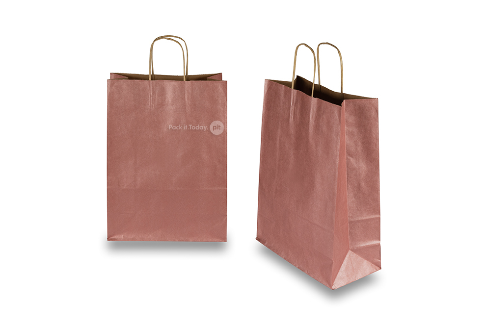 Bolsas de papel con asas redondas - rojo metalizado, 260 x 120 x 350 mm, 90 gramos
