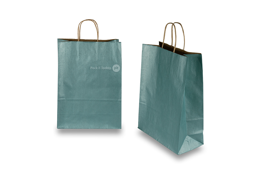 Bolsas de papel con asas redondas - azul petróleo metalizado, 260 x 120 x 350 mm, 90 gramos