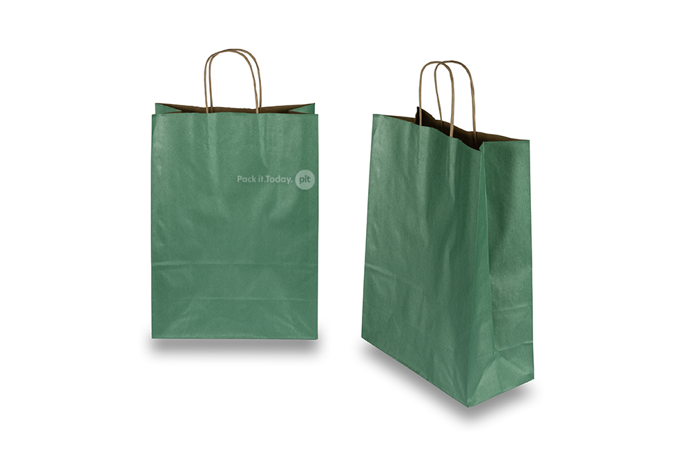 Bolsas de papel con asas redondas - verde oscuro metalizado, 260 x 120 x 350 mm, 90 gramos