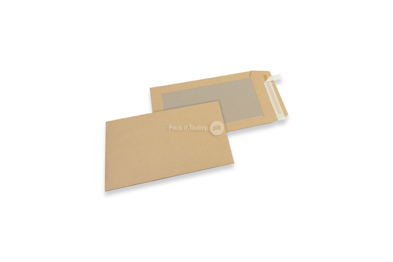 Sobres con dorso de cartón - 176 x 250 mm, anverso kraft marrón de 120 gramos, reverso dúplex gris de 450 gramos, tira