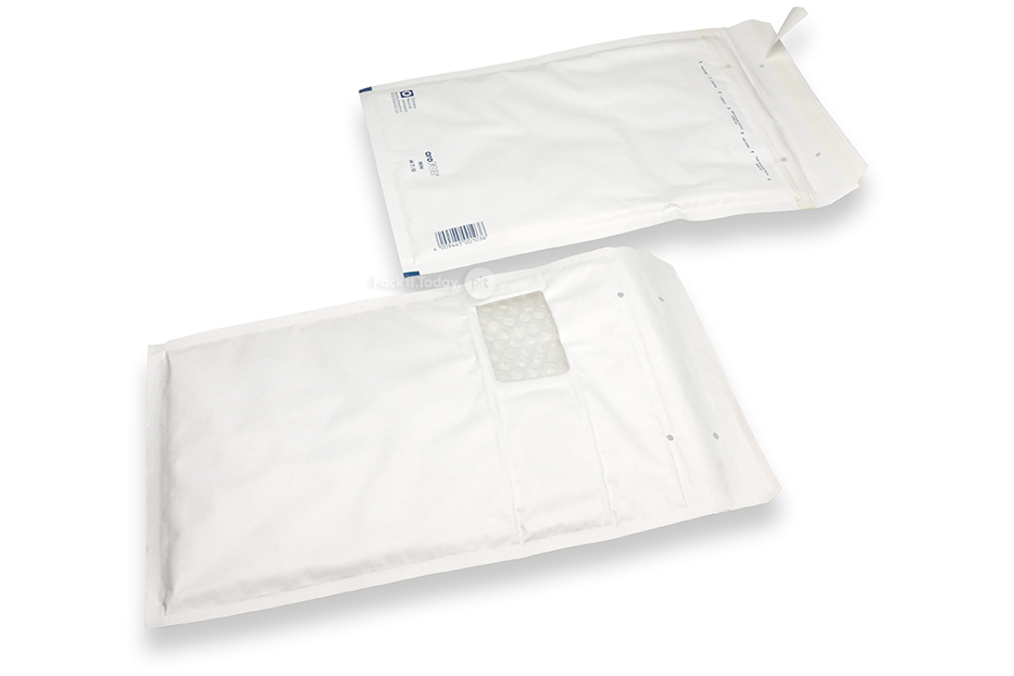 Sobres acolchados blancos con ventana - 225 x 340 mm, ventana a la izquierda 55 x 90 mm, posición de la ventana a 15 mm desde isquierda y 70 mm del parte superior