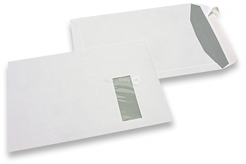 Sobres con ventana, blancos, 229 x 324 mm (C4), ventana a la derecha 40 x 110 mm, posición de la ventana a 20 mm desde derecha y 60 mm del parte superior, cierre autoadhesivo, 120 gramos, peso aprox. cada uno 20 g