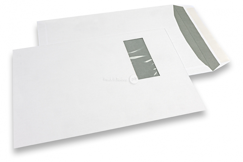 Sobres con ventana, blancos, 240 x 340 mm (EC4), ventana a la izquierda 45 x 110 mm, posición de la ventana a 25 mm desde izquierda y 70 mm del parte superior, cierre autoadhesivo, 120 gramos, peso aprox. cada uno 21 g