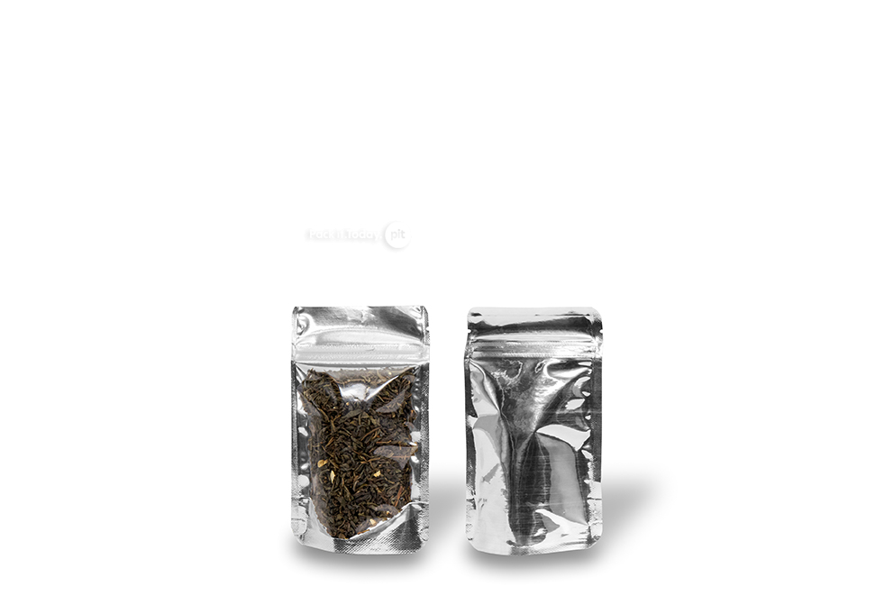 Bolsas metálicas transparentes stand-up - plata metalizado, 85 x 145 x 50 mm - 100 ml