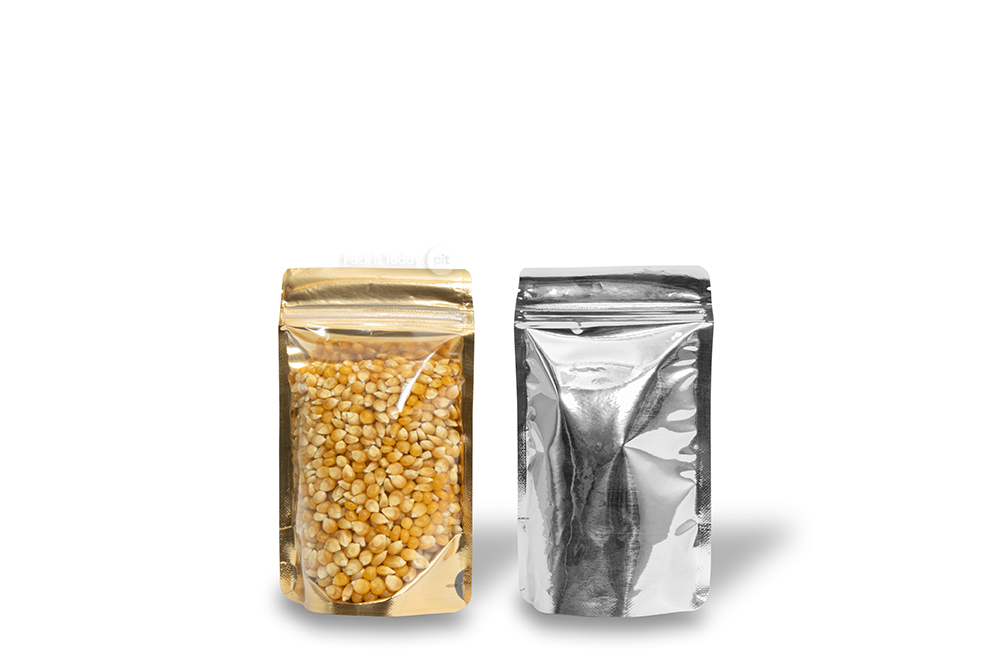 Bolsas metálicas transparentes stand-up - dorado metalizado, 110 x 185 x 70 mm - 250 ml